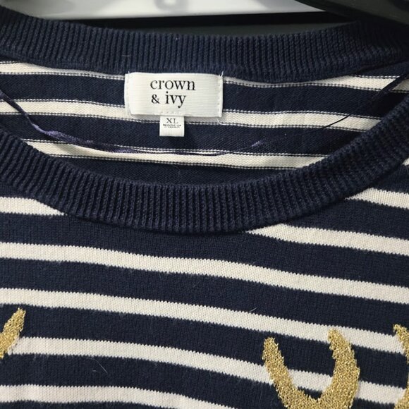 Crown & Ivy navy striped cotton holiday sweater with deer‎ XL - Picture 5 of 6